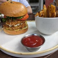 Bbq burger + fries at Fresh on Crawford in Toronto