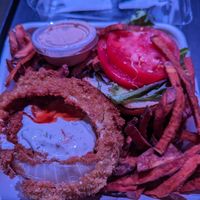 BBQ burger with onion rings and sweet potatoes at Fresh on Crawford in Toronto