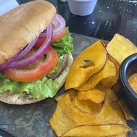 Vegan sandwich (lentil patty with vegan mayonnaise, lettuce, tomato and onions)  at La Casona in San Pedro De Atacama