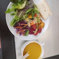 Salad, foccacia bread, pumpkin soup at Cha Lounge in Taipei