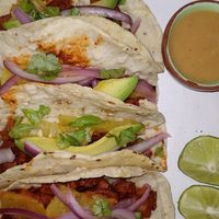 Vegan tacos al pastor, made with oyster mushrooms. SO good. Ask for side of spicy, nutty hot sauce. at La Verduzca Vegetropical in Oaxaca