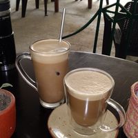 Choco rock hot and cold. Chocolate, coffee, crema de cachuete (peanut), oat milk and I think banana. SO delicious. at La Verduzca Vegetropical in Oaxaca