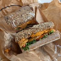 Vegan schnitzel sandwich on dark bread (they had white bread, too) at Backstube Tromsoe in Tromsoe