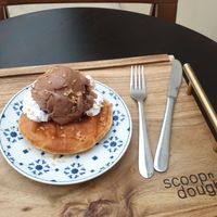 Donut waffle with mylk chocolate ice cream at Scoop 'n Dough in Cascais