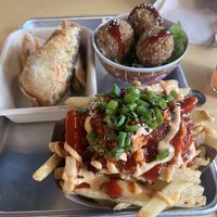 Mignight marauder egg roll top left. Fried cashew mozzarella top right, trolley fries bottom right.  at Pow Pow - I St NW  in Washington