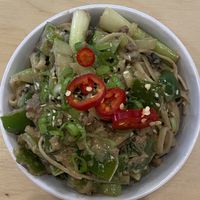 Dan dan carbonara with sautéed peppers and green onions, vegan beef crumbles, and a delicious creamy carbonara sauce  at Pow Pow - I St NW  in Washington