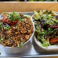 Angry noodles (L) and general’s chicken (R)  at Pow Pow - I St NW  in Washington