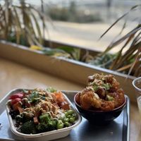 Cauliflower appetizer and Trinity bowl with half salad half rice  at Pow Pow - I St NW  in Washington