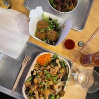 Buddha Bowl with grilled Chicken, Fried Mozzarella Balls and noodles with Beef at Pow Pow - I St NW  in Washington