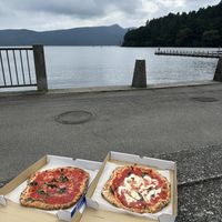Pizzas at the lakefront, steps from the restaurant   at La Terrazza in Hakone