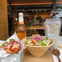 karaage salad-don with handcut fries, sesame smoothie, ginger ale (shared between 2 people) at Asombroso - 江別蔦屋書店 in Hokkaido