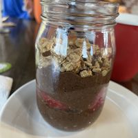 Chocolate chia seed pudding with strawberry, vegan granola, sweetened with maple syrup   at Chaikhana Chai in Kennett Square