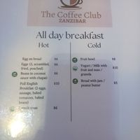 Breakfast options at The Coffee Club in Zanzibar