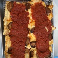 PB Detroit pizza with veg pepperoni   at Archetype Pizza in York