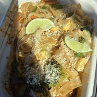 Pad Thai- make sure you stir it because that sawce underneath is the GOODS. The thick noodles were cool too.  #Veganuary at Veg Out in Haiku