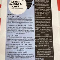 Menu  at Lete's Injera & Cafe in Indianapolis