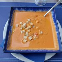 Salmorejo w/ croutons and tomato bites at El Bodegón de la Aurora in Almeria