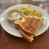 Tofu scrambled egg with amazing cashew cream cheese   at Kaikaia in Rivas