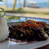 Adobo Monggo sprout with dried mushrooms & rice at Villa Potenciana Restaurant in Malapascua Island