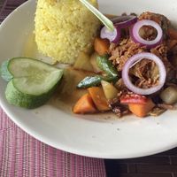 Vegan adobo with rice  at Villa Potenciana Restaurant in Malapascua Island