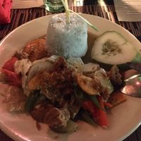 Mixed vegetables with veggie meat (soy chunks) and rice   at Villa Potenciana Restaurant in Malapascua Island