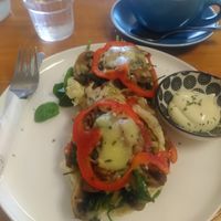 My mushroom Benedict with a side of vegan mayo at Lily's Cafe in Nelson