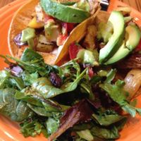 Taco option 1 for Tuesday August 9 2016 - corn tortillas filled with roasted potatoes, pica de gallo, avocado and salsa verde.  Served with a goji chipotle side salad at Cafe Gratitude in Kansas City