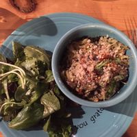 The Sensational - spaghetti squash alfredo bowl with side salad at Cafe Gratitude in Kansas City