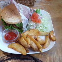 burger and fries at Morpho Cafe in Kyoto