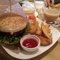 Vegan soy burger and Earl Grey tea with soy milk at Morpho Cafe in Kyoto
