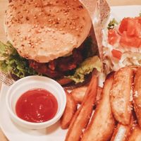 Burger and fries at Morpho Cafe in Kyoto