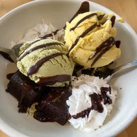 Brownie and mango and pistachio ice cream dessert! ( vegan)   at Real Food Daily - Pasadena in Pasadena