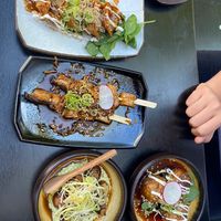 The starters: gyoza, mushroom skewers, soy meatballs and edamame hummus  at Iro Izakaya Vegan in Berlin