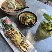 Ramen, sushi, "chicken" side dish, and iced matcha lemonade  at Iro Izakaya Vegan in Berlin