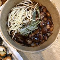 Spaghetti noodles with Jjajangmyeon. Very saucy.  at KHUN VEGAN in Khon Kaen
