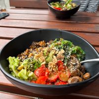 Diy Bowl with mashed potatoes, salad, wakame, tofu, walnuts and more  at Funkybowl Medienhafen in Dusseldorf