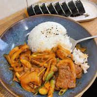 Jae yuk dup bap (stir fried pork with rice). A popular lunch menu in Korea.   at MukBap in London