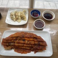 Kimchi pancake and veggie dumplings   at MukBap in London