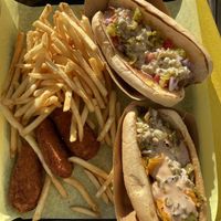 Tenders with fries, NM hotdog, Lucky hotdog  at Lucky Goose  in Albuquerque