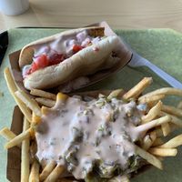 Lucky dog and NM loaded fries  at Lucky Goose  in Albuquerque