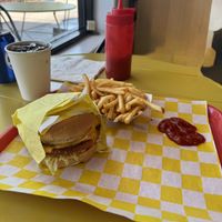 The New Mexico style burger option for just one patty instead of two or three with shoestring fries, ketchup, and a Pepsi  at Lucky Goose  in Albuquerque