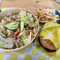 Their chicken salad, their version of the Mc rib, and animal style fries  at Lucky Goose  in Albuquerque