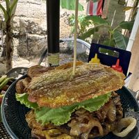 Sweet potato burger with plantain “bun"  at Mi Vida Café & Burger in Rio Grande