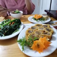 Vegan chicken, stir fried vegetable and vegan gio at An Phuc in Hanoi