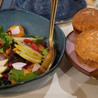 Salad and plantain brioche muffins at Kann in Portland