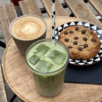 Cappuccino, matcha latte, vegan cookie  at Hana Corner Cafe in Tirana