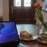 Streuselkuchen mit Kirschen und Vanillepudding und ein schwarzer Kaffee. Boaah der Kuchen ist himmlisch. Es hätte auch noch Schokokuchen und noch eine dritte Auswahl gegeben. 🥰 at Laden Café Vollmund in Wurzburg