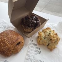 Fresh baked goods (Pain au chocolat, pecan cinnamon roll and savoury scone) #Veganuary at To Live For in Vancouver