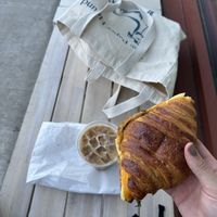 croissant breakfast sandwich & iced vanilla latte   at To Live For in Vancouver