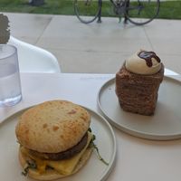 Chai cube (seasonal special) and breakfast sandwich with sausage at To Live For in Vancouver